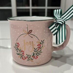 Eccolo…Pink & White Mug with Gold Joy Wreath.. Green Ribbon…